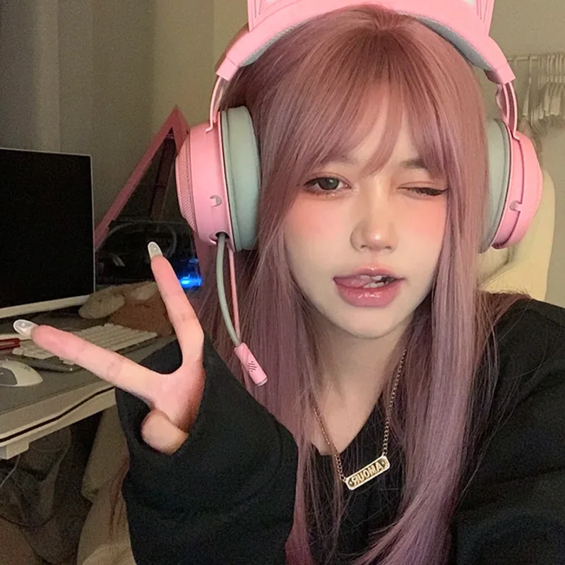 Peruka Cosplay w stylu koreańskim, pikantna dziewczyna, długie proste włosy, letnia, cienka, winoroślowa róż, Lolita, naturalna, rozmiar L