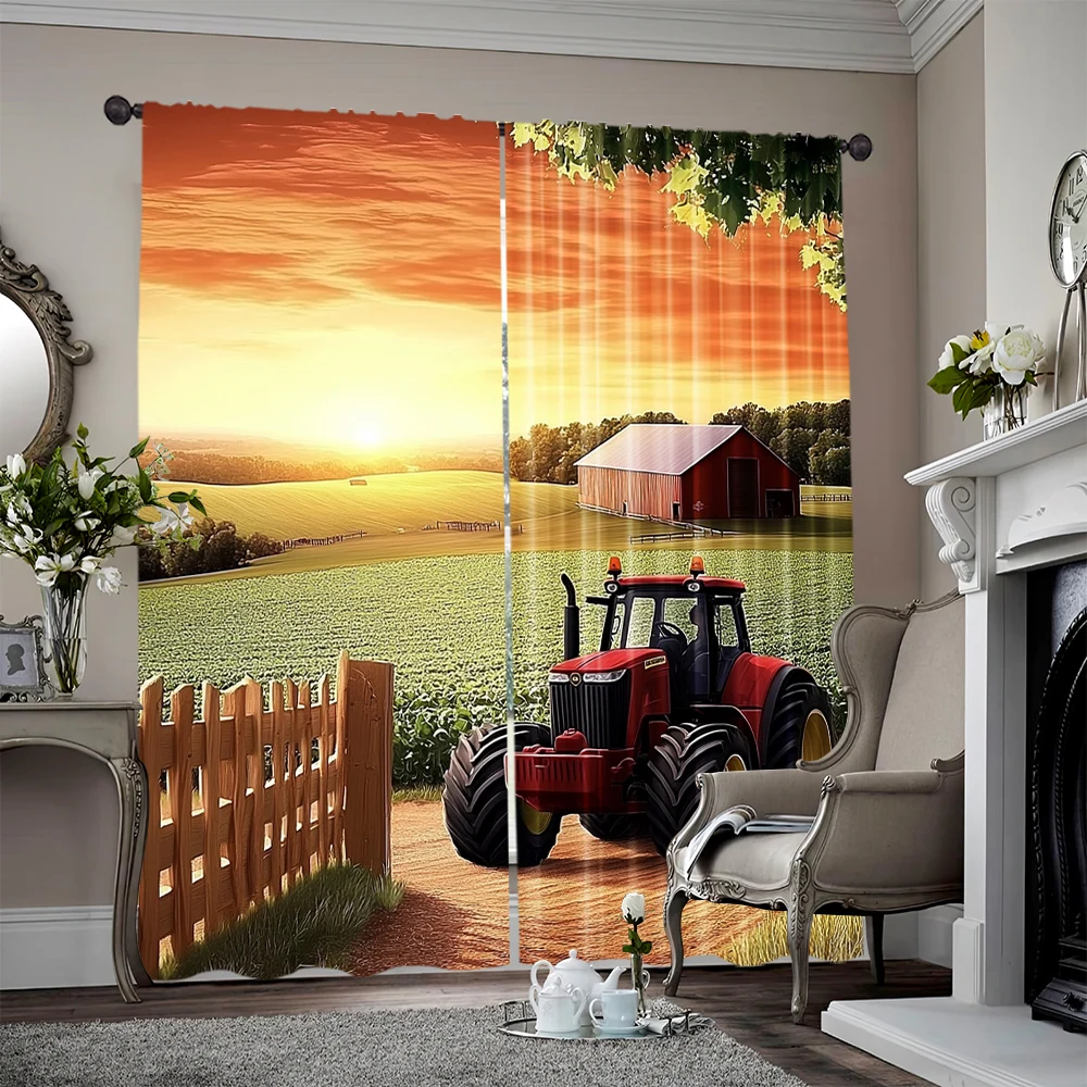 

2pcs, 2D flat printing Curtains Farm Tractor Field Landscape Art Versatile Polyester,Without Electricity Holiday Decorations