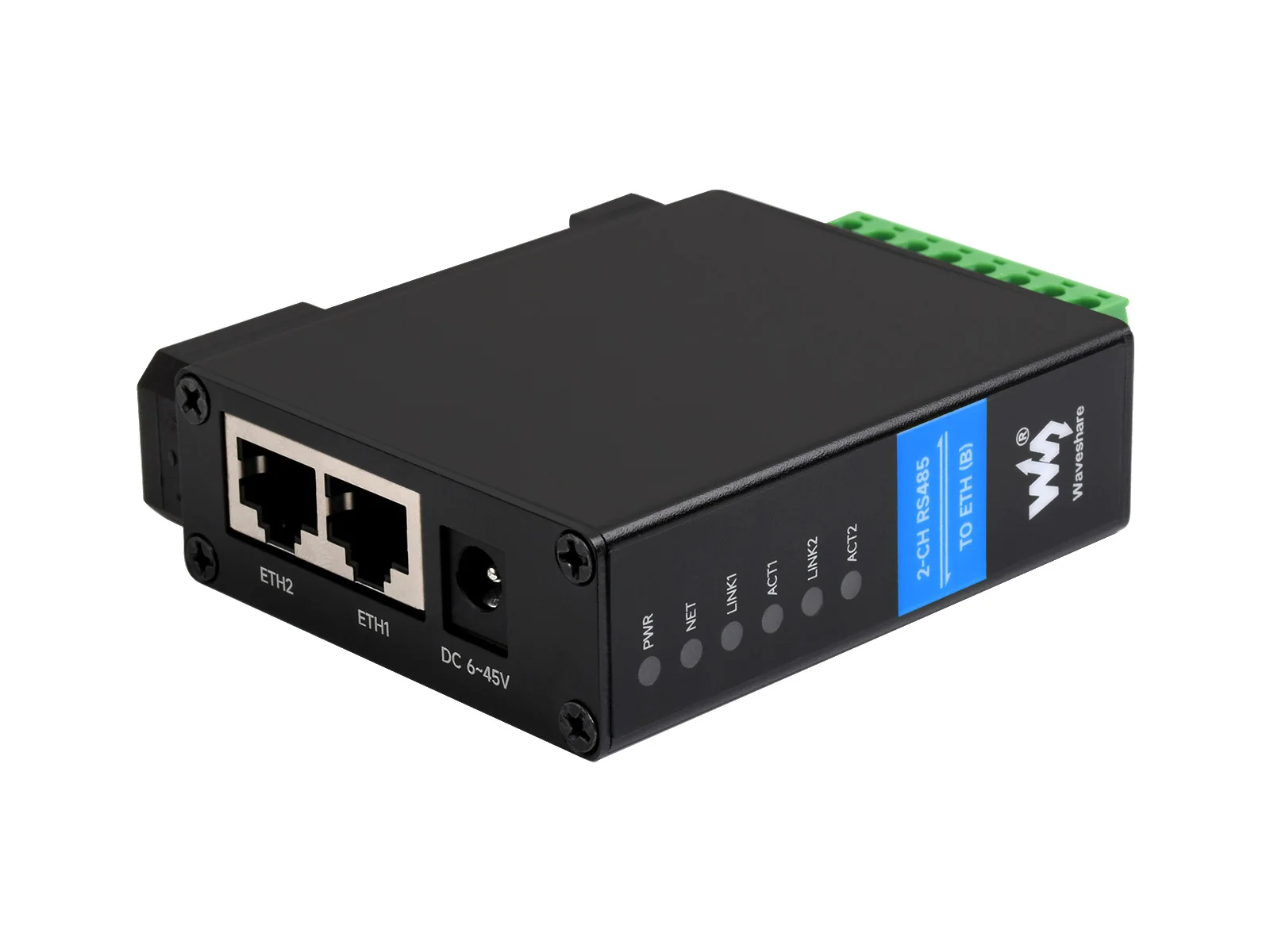 Industrial Isolated 2-Ch RS485 To RJ45 Ethernet Serial Server,Common network port, Modbus/MQTT/JSON Support, Rail-mount Metal