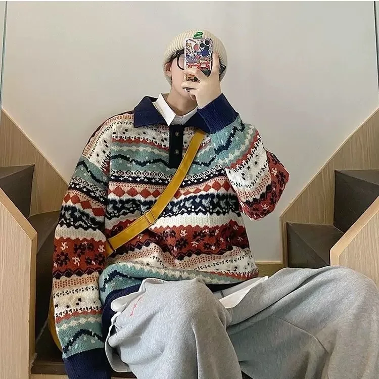 

Loose Men's Knitted Sweater Coat Autumn Winter Large Size 250 Pou Hong Kong Sle Color Blo Ethnic Collar Couple's Top