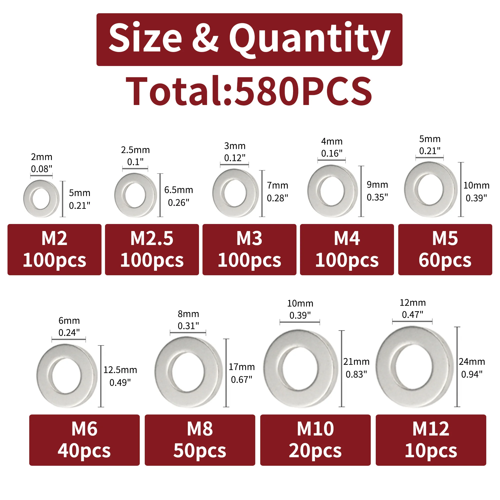 304 aço inoxidável Flat Washer Variedade Kit, Fixadores Ferramentas, Acessórios de Reparação, Ferramentas roscadas, M2, M2.5, M3, M4, M5, M6, M8, M10, M12, 580Pcs