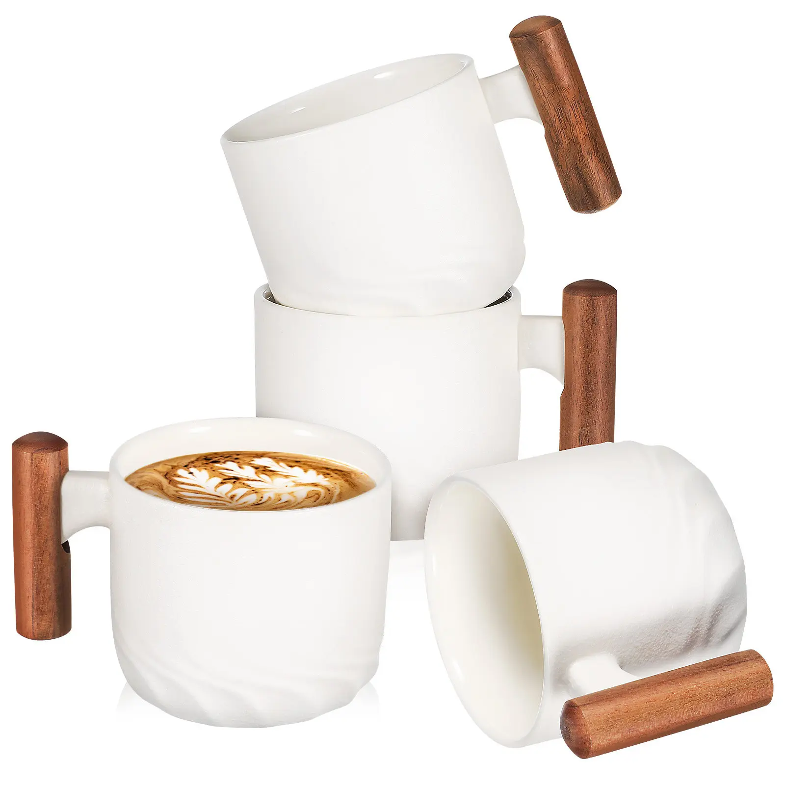 Juego de 4 Mini Tazas de Café de Cerámica, Tazas de Espresso de Porcelana con Asa de Madera, Juego de Tazas para Beber Té, Tazas de Café para el Hogar y la Oficina