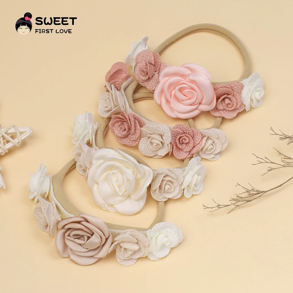 Artificial Floral Flowers Headband for Baby Girl Elastic Rubber Bands for Girls Hair Bands Seamless Soft Nylon Baby Accessories