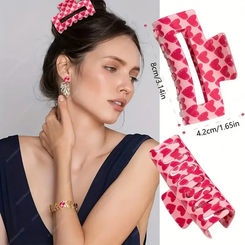 BYL Valentines Day Limited Edition Hair Clips with Heart-shaped Print Sweet and Versatile Crab Clip for Womens Hair Accessories