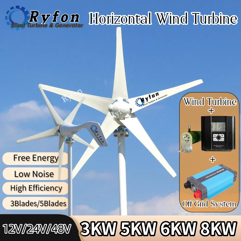 Low Noise 5000W 8KW 3Phase AC 24V 48V 3Blades Resisdential Wind Turbine Permanent Magnet Generator Off Grid System For Home Boat
