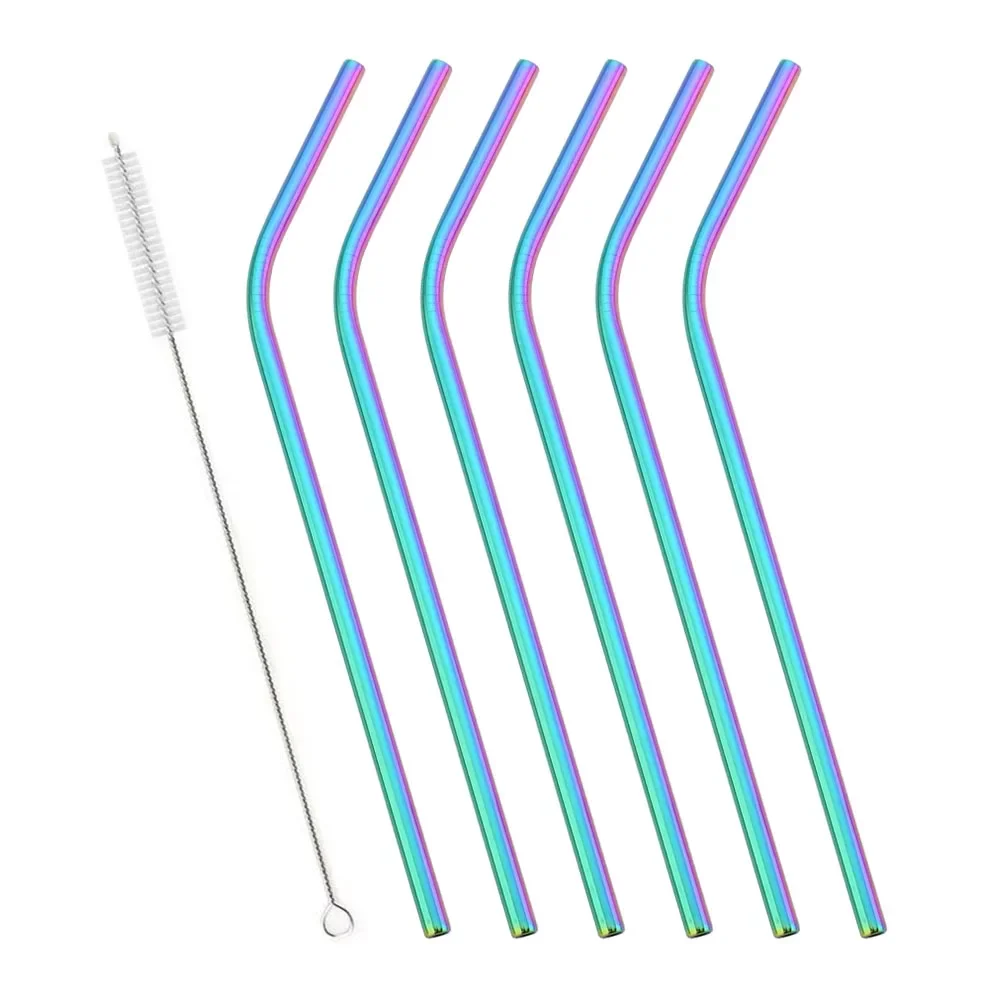 6Pcs Rainbow Reusable Metal Straw Pipette Suction Stainless Steel Drinking Straws Pipe Bent Tube Events Party Bar Accessories