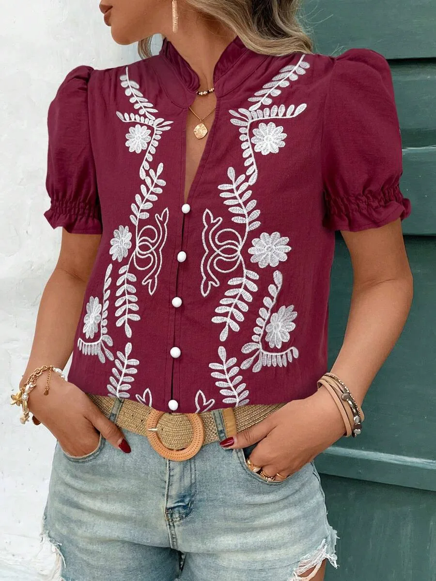 Summer Women Cotton Blouses Shirts Lady Office Casual Solid Color Short Sleeve V Neck Flower Embroidery Tops Blusas Clothing