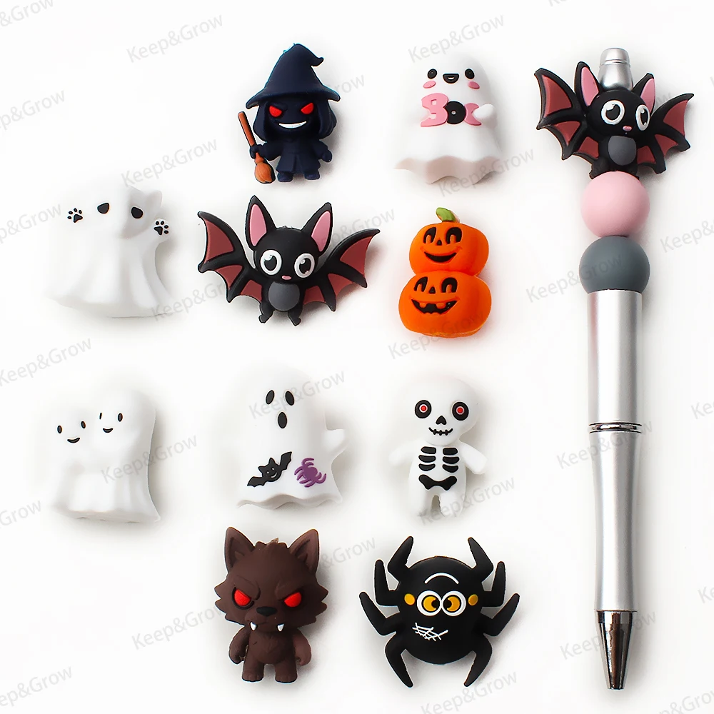 5/20/50Pcs Halloween Theme 3D Silicone Beads Bats Witches Pumpkins Spiders Ghosts Focal Beads for DIY Keychain Pens Beaded