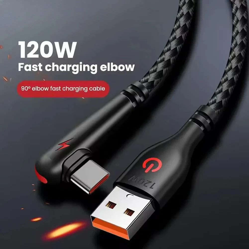 120W 90 Degree Elbow USB to Type-C Fast Charging Data Cable 5A Super Quick Charge Cord for iPhone Samsung Xiaomi Huawei Redmi