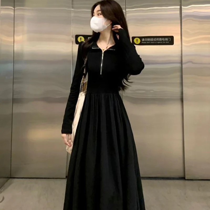 Fashion Stand Collar Zipper Spliced Folds Casual Dress Female Clothing 2024 Autumn New Loose Korean Solid Color Princess Dress