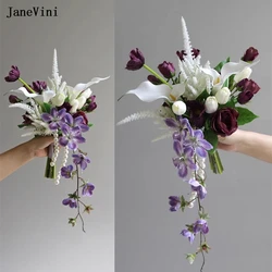 JaneVini 2024 Charming Purple White Tulip European Bridal Hand Bouquets Artificial Silk Roses Bridesmaid Bride Wedding Bouquet