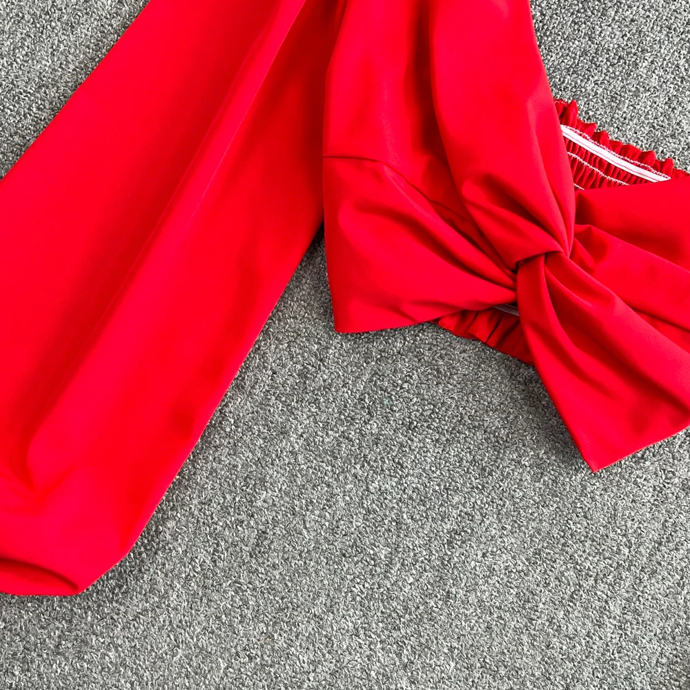Skew Collar Sexy Blouse Elastic Waist Ruched Long Sleeve Slim Beach Tops Women Korean Style Solid Short Blouses 2022