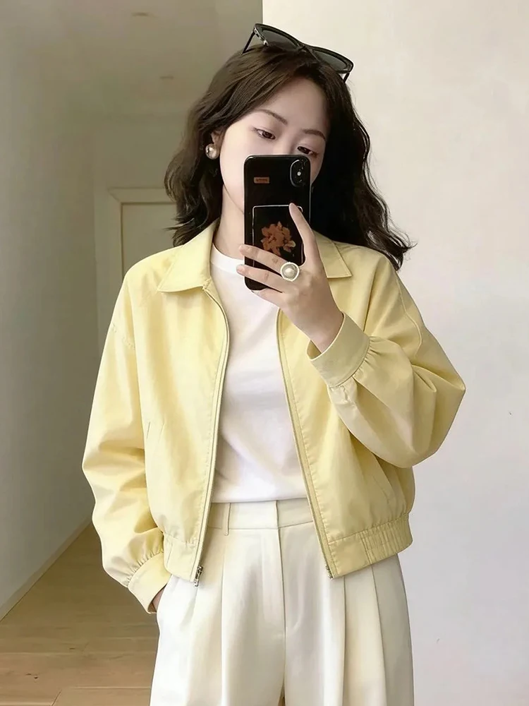 Fall Sweet Jacket Women Preppy Style Long Sleeve Cute Yellow Short Coat Fall Fashion Pockets Zipper Female Baseball Tops Ins New