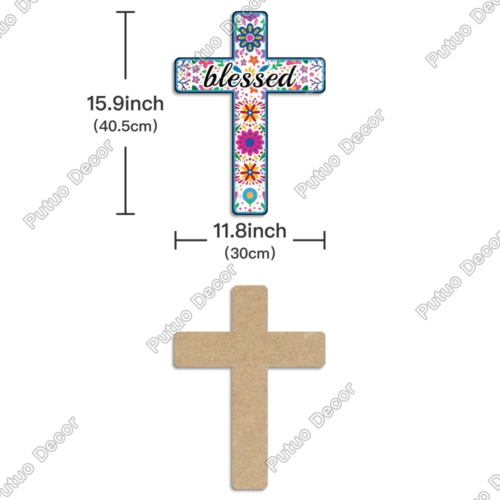 Putuo Decor Mexican Crucifix Wood Wall Decor, Day of the Dead Decoration Wall Mounted Cross for Home Farmhouse ,15.9 X11.8Inches