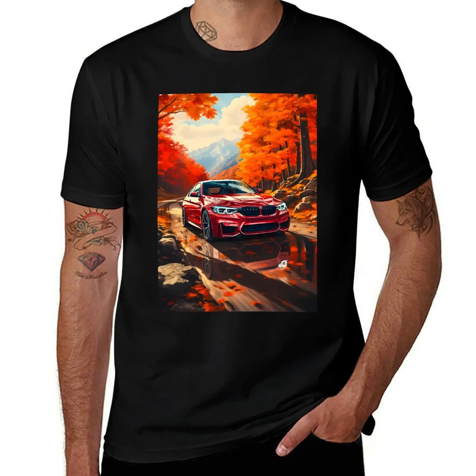 

Sport Sedan on Scenic Autumn Road With Mountains T-Shirt Aesthetic clothing custom t shirt sweat mens graphic t-shirts funny