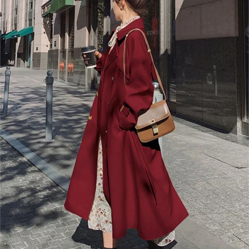 

Wine Red Wedding Hepburn Style Trench Coat Women's New Mid-Length over-the-Knee Popular Overcoat