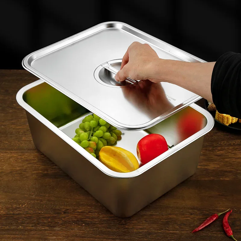 Thicken Stainless Steel Serving Tray with Lid Rectangle Metal Food Storage Plates Dish Cake Buffet Organizer Kitchen Container