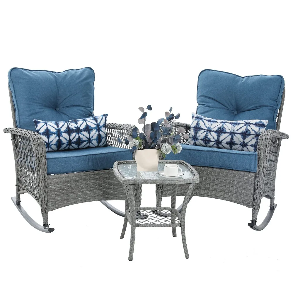 

Patio Furniture Set 3 Pieces, Wicker Rocking Bistro Set with Thick Cushions, Outdoor Rocker Chairs and Coffee Table