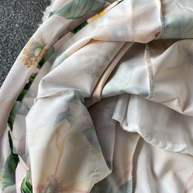 2023 Summer Runway Bodycon Mermaid Vestidos Women's Sleeveless V-Neck V Back Flower Print Ruffles Yellow Party Tank Dress