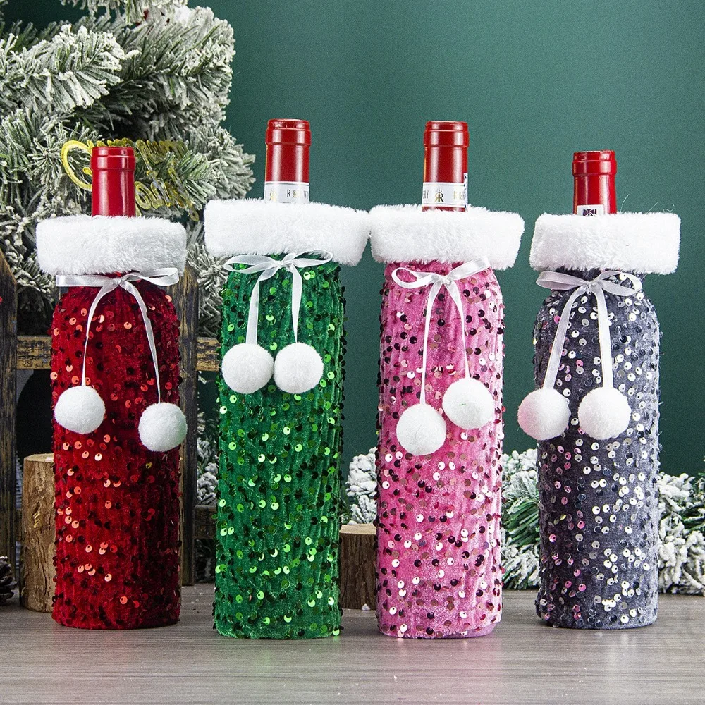 Cute Xmas Wine Bottle Cover Non-woven Plush Ball Christmas Wine Bottle Bags Dust-proof Sparkling Santa Claus Wine Bags