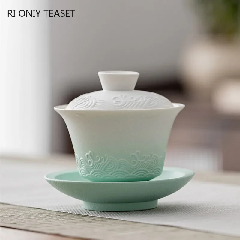 

150ml Chinese Traditional Ceramic Gaiwan Teacup Handmade Sea Wave Tea Bowl Household Beauty Tea Infuser Travel Portable Teaware