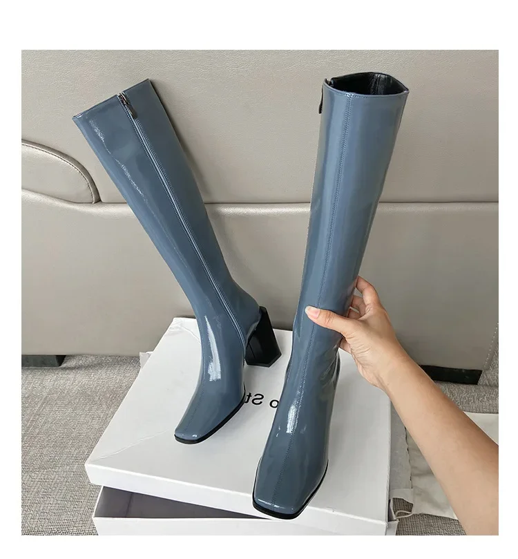 Footwear Blue Ladies Boots Winter Knee High Shaft Shoes for Women Square Toe Long Spring Autumn Fashion 2023 Work Trend Gyaru Pu