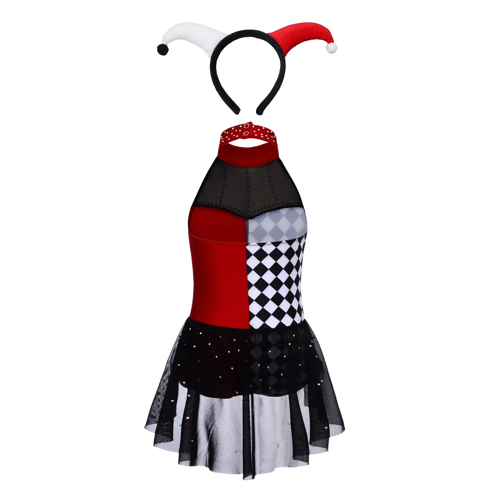 Kids Girl Circus Clown Cosplay Performance Costume Sleeveless Rhinestone Mesh Leotard Dress with Headwear for Halloween Carnival