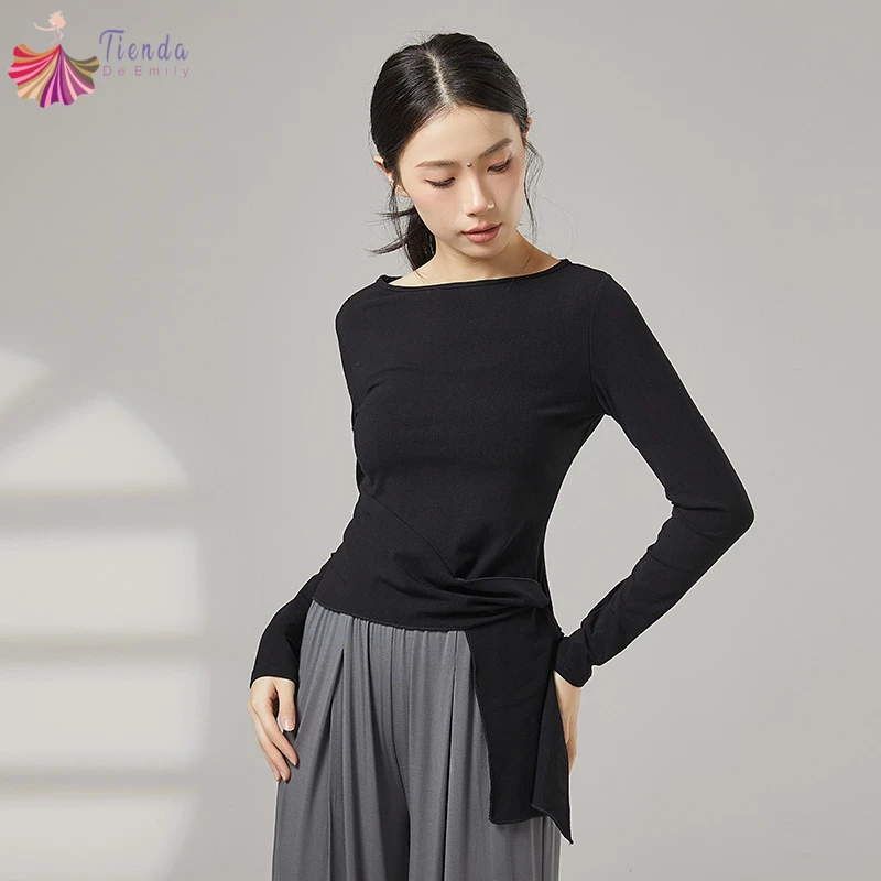 女性モダンダンス練習服トップ長袖シャツ裾包帯エレガントスリム大人のパフォーマンスラテン競技ダンスウェア