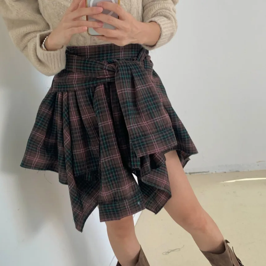 

Весна 2026: Новинка! Корейская юбка-платье в клетку с асимметричным узлом, женская, с завышенной талией, из хлопка