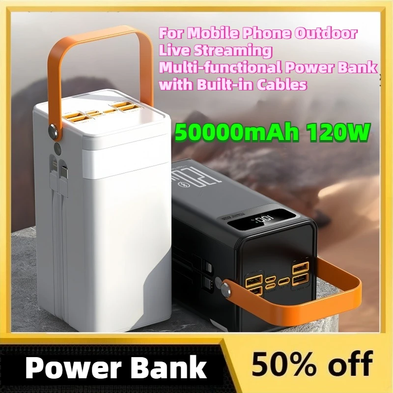 Large Capacity 50000mAh 120W Power Bank for Mobile Phone Outdoor Live Streaming Multi-functional Power Bank with Built-in Cables