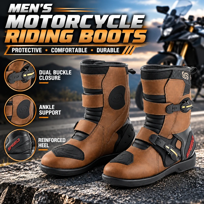 Men's Motorcycle Riding Boots Protective Motorbike Shoes Dual Buckle Ankle Support Comfortable Street Racing Riding Gear