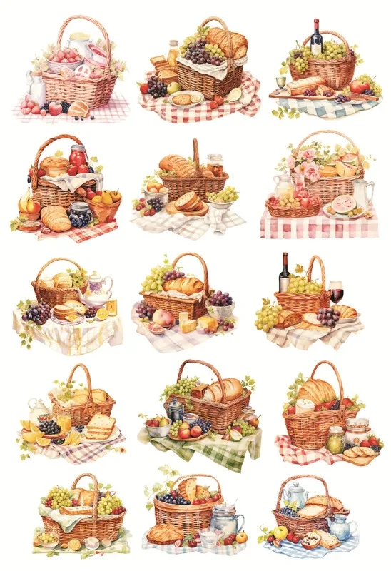 Watercolor Picnic Food Basket Bread Fruit Stickers Crafts And Scrapbooking stickers book Decorative DIY Stationery  waterproof