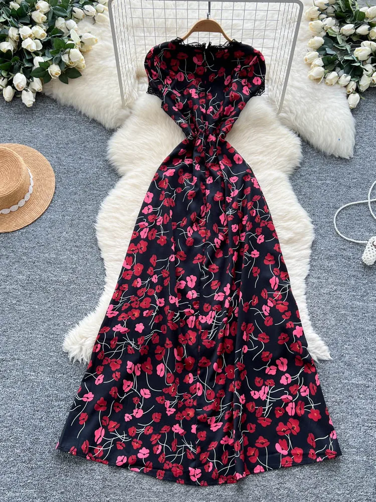 Ele dentelle épissure v-ne ort Sve imprimé fleuri Dr femme taille haute a-ligne Midi Dr été Faion Sense Long Dr