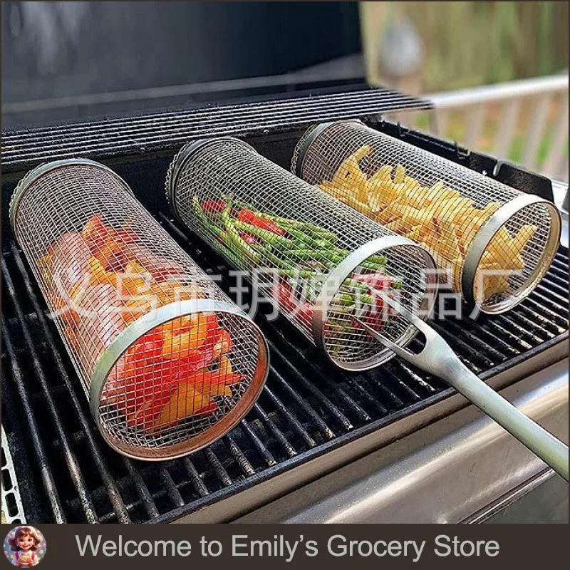 

New outdoor stainless steel barbecue cage BBQ barbecue cylinder mesh roasted pork, vegetables and fruits family gathering