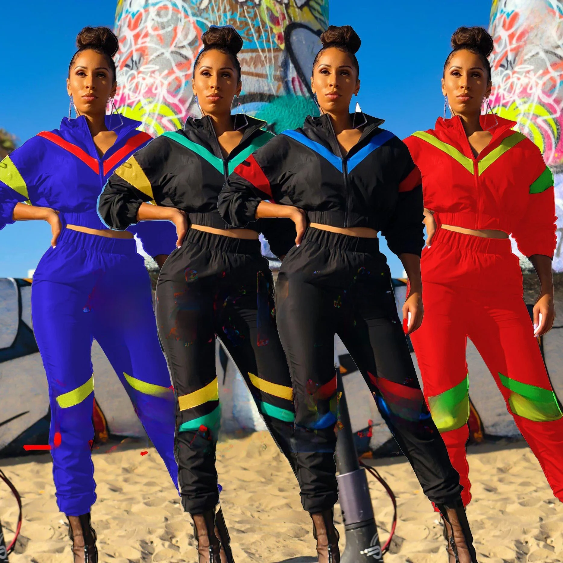 

Women's Patchwork Sports Style Two-in-One Coat Casual Fashion Winter Set Nine-Piece Pants Short Outerwear