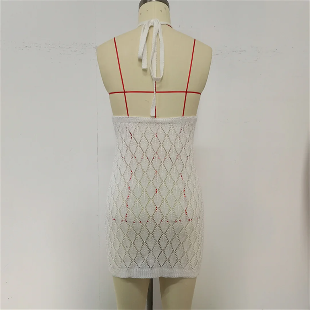 Rückenfreies, ausgeschnittenes, gehäkeltes, gestricktes Tunika-Strandkleid, Strandkleidung, Strandüberwurf, Cover-up, Damen V7220 – Detail 16