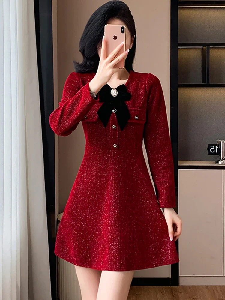 Women Red Bright Silk Chenille Casual Short Dress 2024 Korean Fashion Bow Collar Festival Dress Autumn Winter Elegant Prom Dress