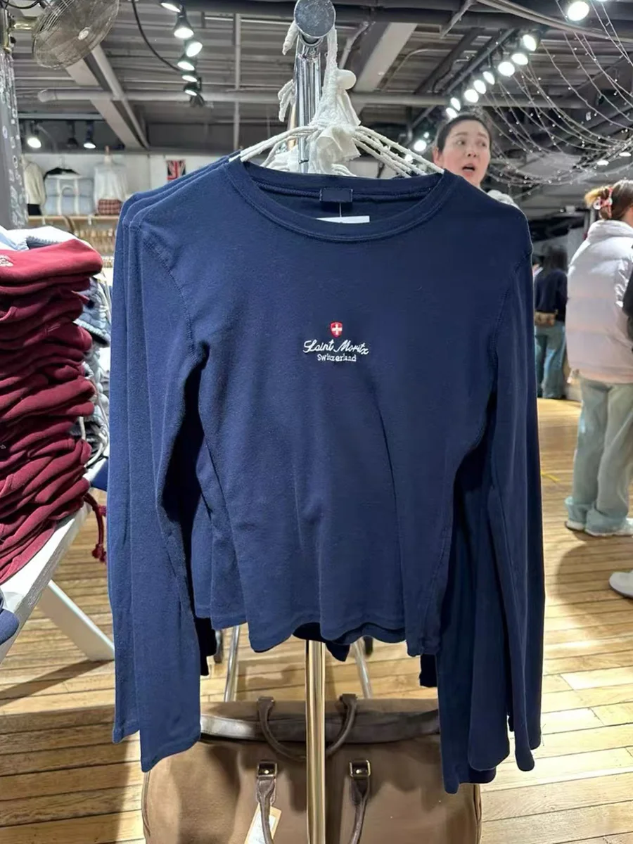 Vintage Navy Flag Embroidery Long Sleeve Tees Women Autumn New Slim Round Neck T-shirts Casual Streetwear Cotton Crop Top Y2k