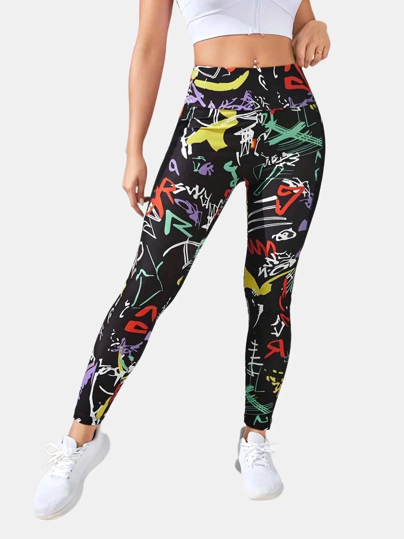 Yoga Trendy Graffiti Print Wideband Waist Sports Leggings With Phone Pocket