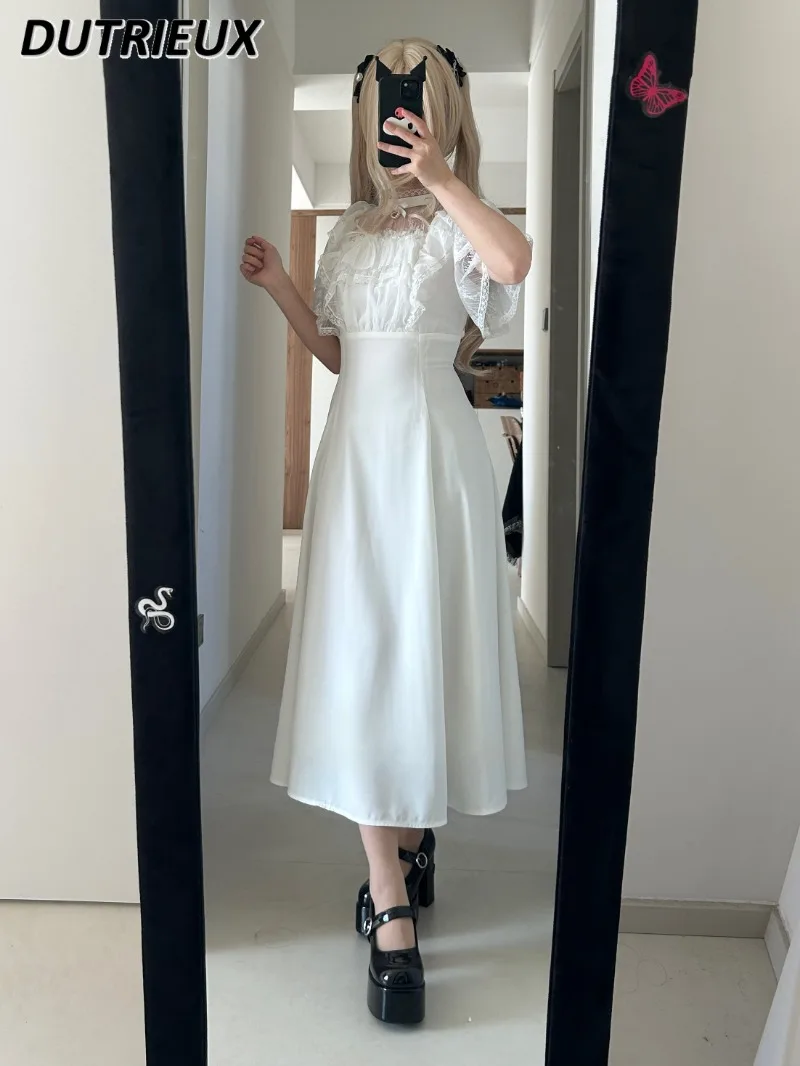 Oryginalne, masowo produkowane, dopasowane spodnie z krótkim rękawem, koronkowe, perłowe, ze stójką, słodkie dziewczęce sukienki w jednolitym kolorze