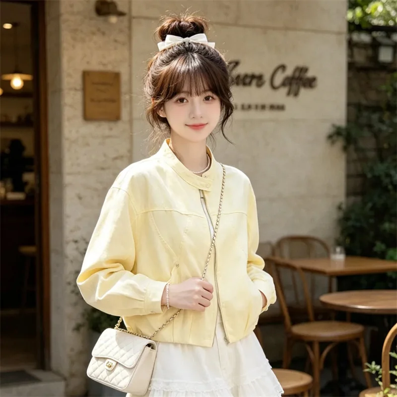2026 Summer nNew Korean Version Gentle Style Temperament Cream Color Casual Fashion Splicing Round Neck Zipper Top For Women
