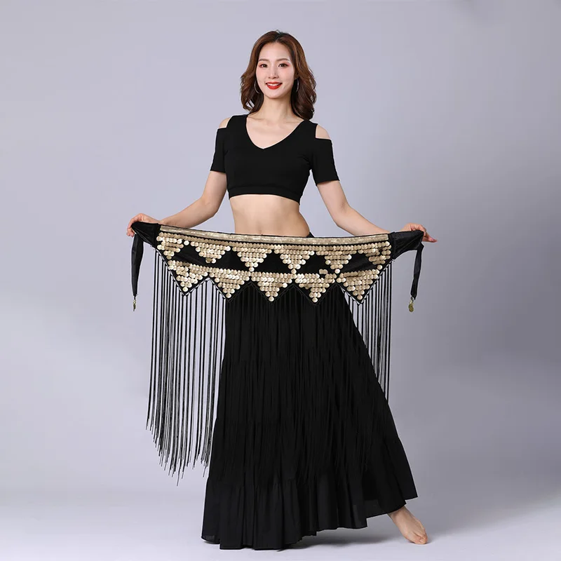 New Dynamic Belly Dance Waist Chain Waist Ornament Women Triangle Long Tassel Oriental Dance Sequins Black Practice Hip Scarf