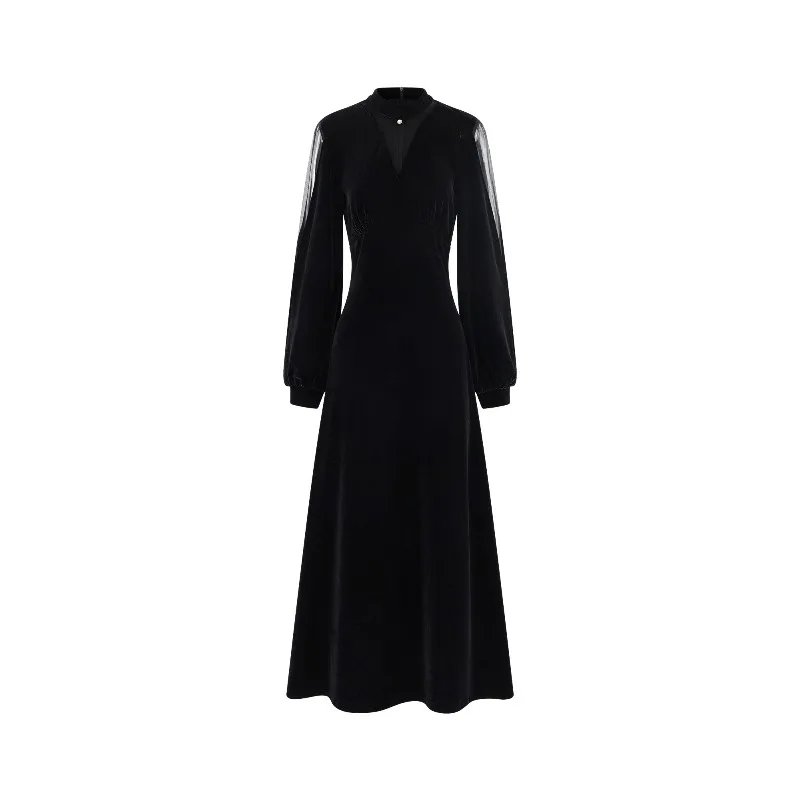 Samt-Maxikleid für Damen, elegant, V-Ausschnitt, Netzkleid, schmale Passform, Frühlings-Langarmkleid, schickes Abend-Outfit für den täglichen Anlass