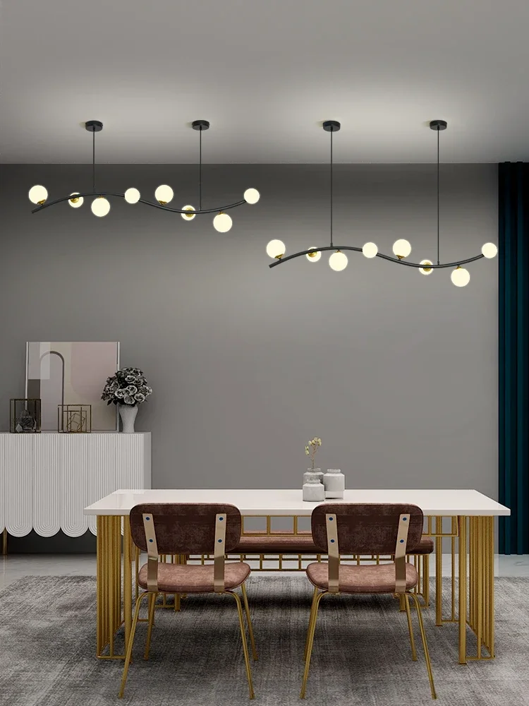 北欧シンプルモダンアイアンレストランバー衣料品店ロングストレートロッドマジックビーンブラックガラスボールランプシャンデリアLEDライト