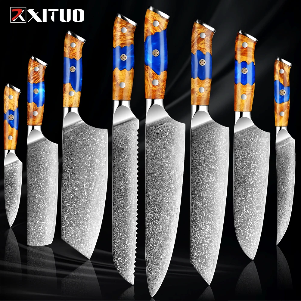 XITUO Damascus Steel Knife 67 Layers Japanese VG10 Chef's Knives Kitchen Slicing Nakiri Bread Santoku Paring Blue Resin Handle