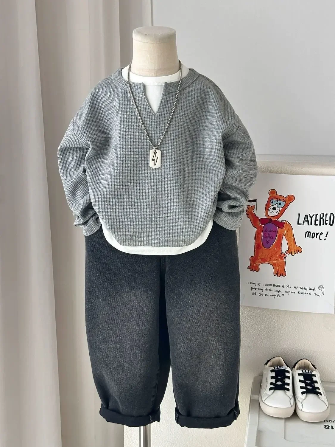 Kinder Jungen Sweatshirt Herbst 2026 Säugling Baby Jungen Pullover Lässig 1-10 Jahre Kinder Jungen Waffel Fake Zweiteilige Oberteile – Detail 10