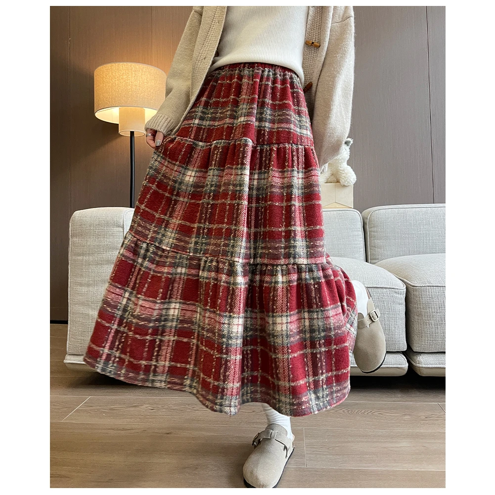Retro Tweed Plaid High Waist Midi Skirt Women's Autumn Fashion 2026 New Style A-Line Skirt Slimming Cake Skirt