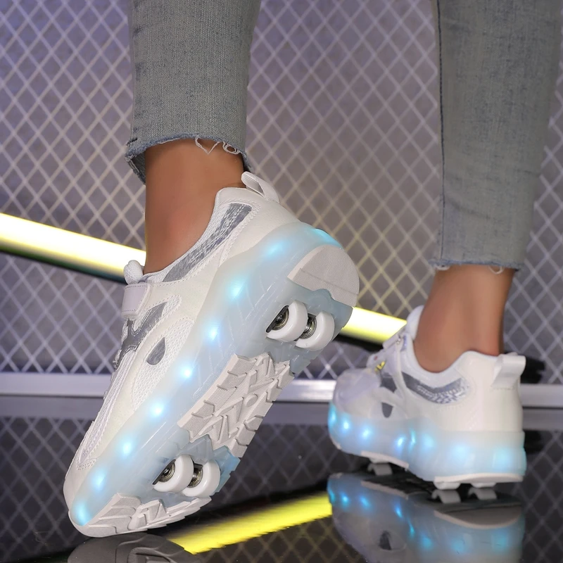 أحذية مشي للأطفال قابلة للتنفس بعجلة مزدوجة قابلة للإزالة ومخفية لشحن المراهقين مع أضواء زلاجات دوارة مضيئة ملونة #2