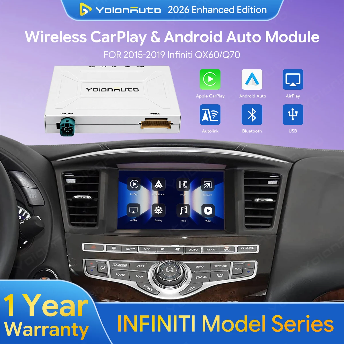 YolanAuto Wireless Carplay Wireless Android Auto for Infiniti QX60/Q70 2015-2019 MY Support Mirrorlink Airplay Phone Call GPS