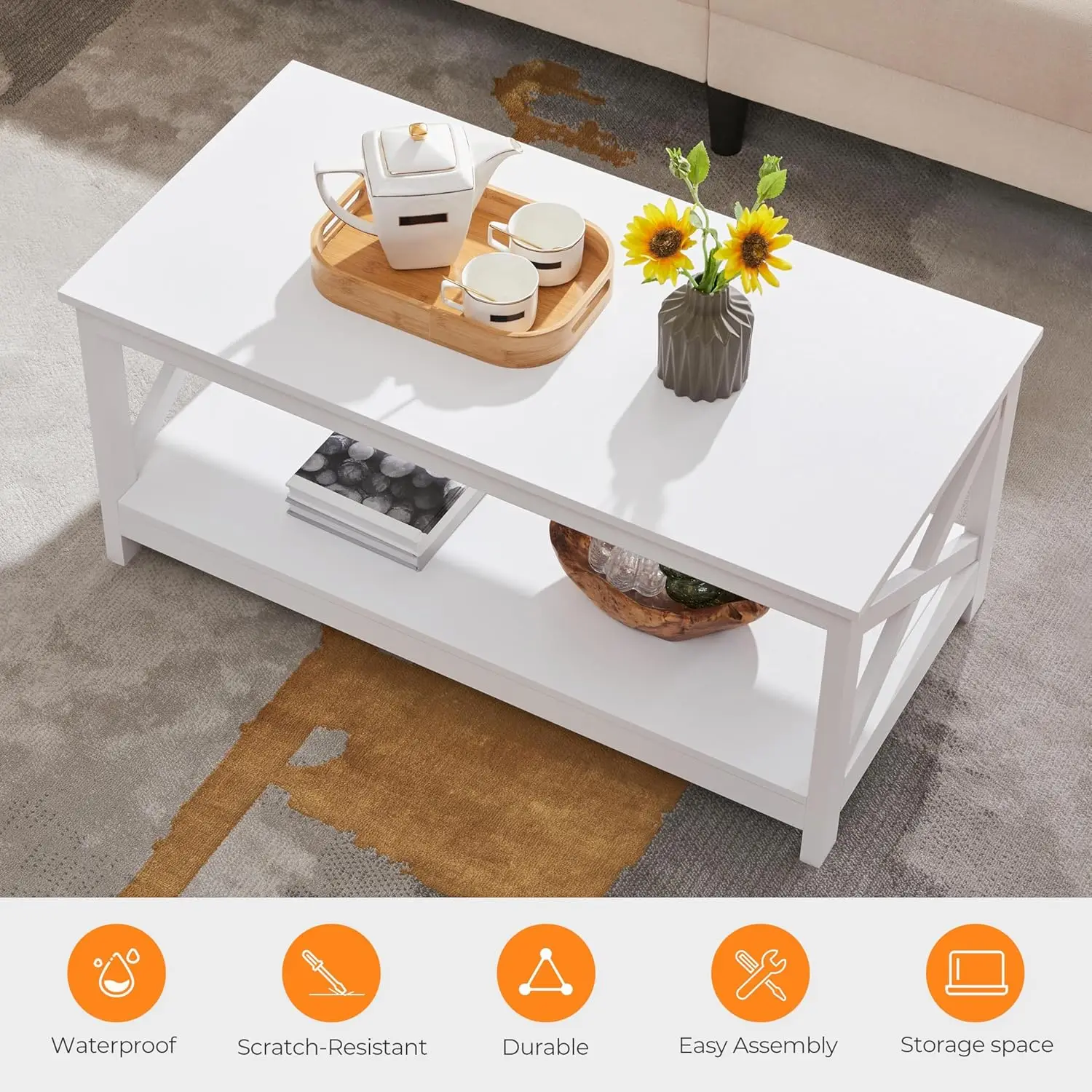 Yaheetech-Mesa De Café De Madeira Com Prateleira De Armazenamento Para Sala De Estar, Mesa De Coquetel Branca, Design Simples E Simples, X, 2-Tier